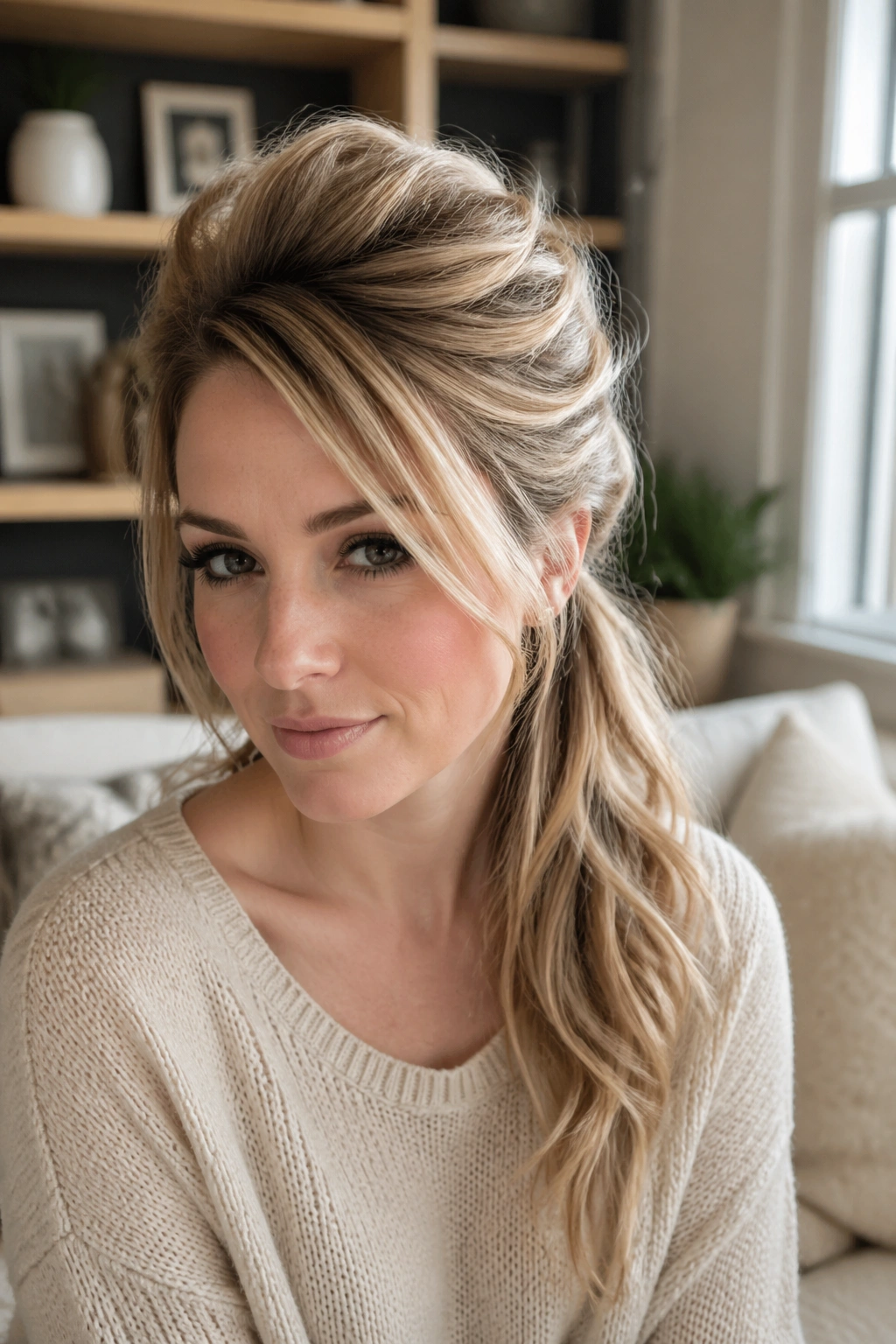 Close-up of a real woman with crown-teased side ponytail