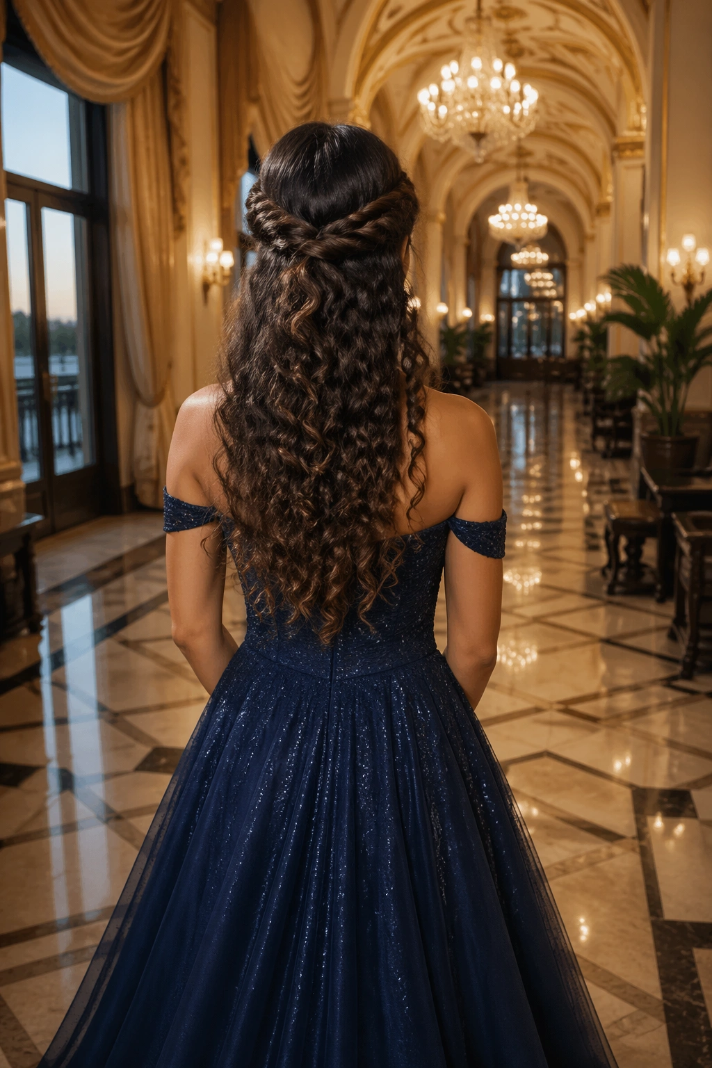 Crown twist hairstyle on curly hair in ballroom setting