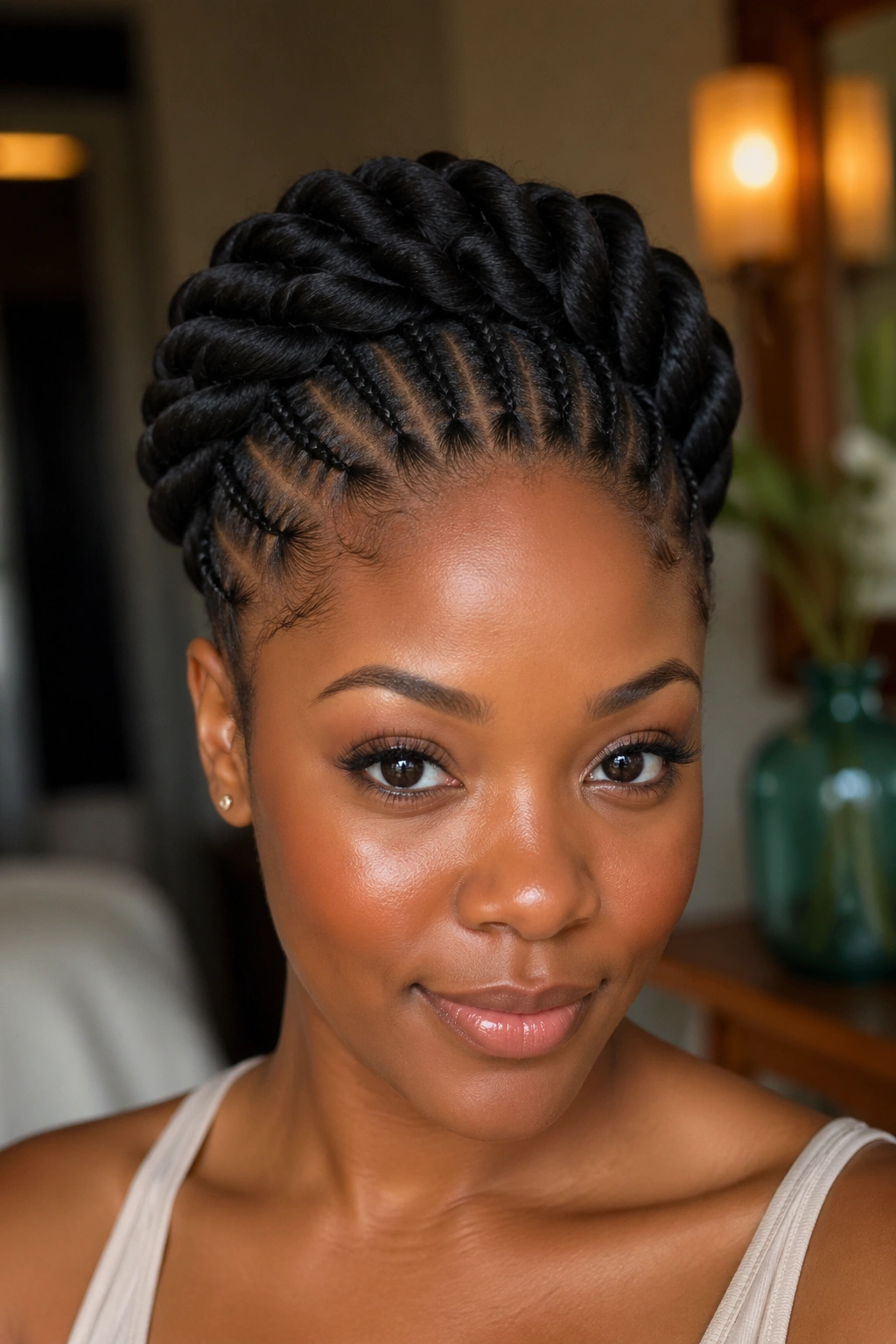 Close-up of a real woman with a crown twist formed from cornrows base