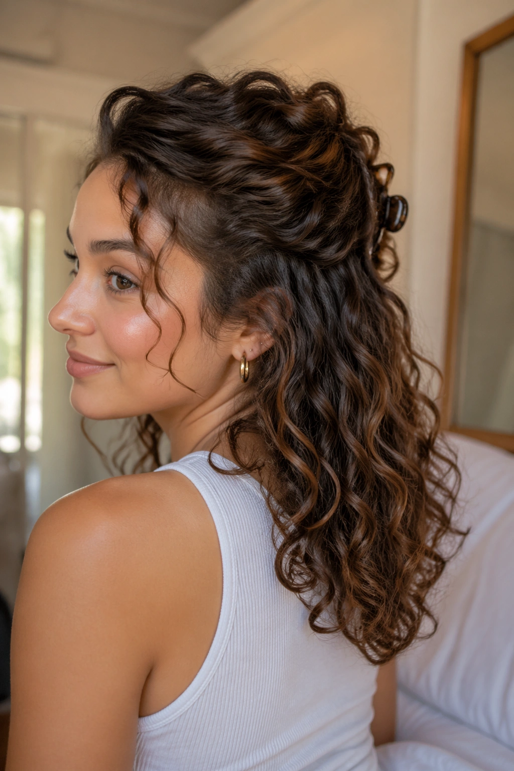 Close-up portrait of a real woman with a loose crown twist for curly hair, natural window light
