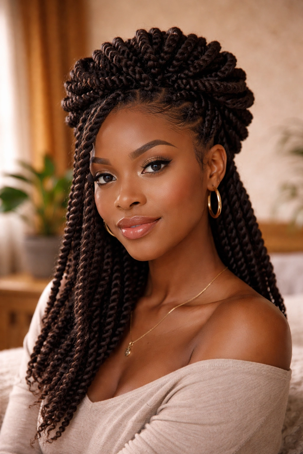 Woman with crown twist hairstyle; halo of twists
