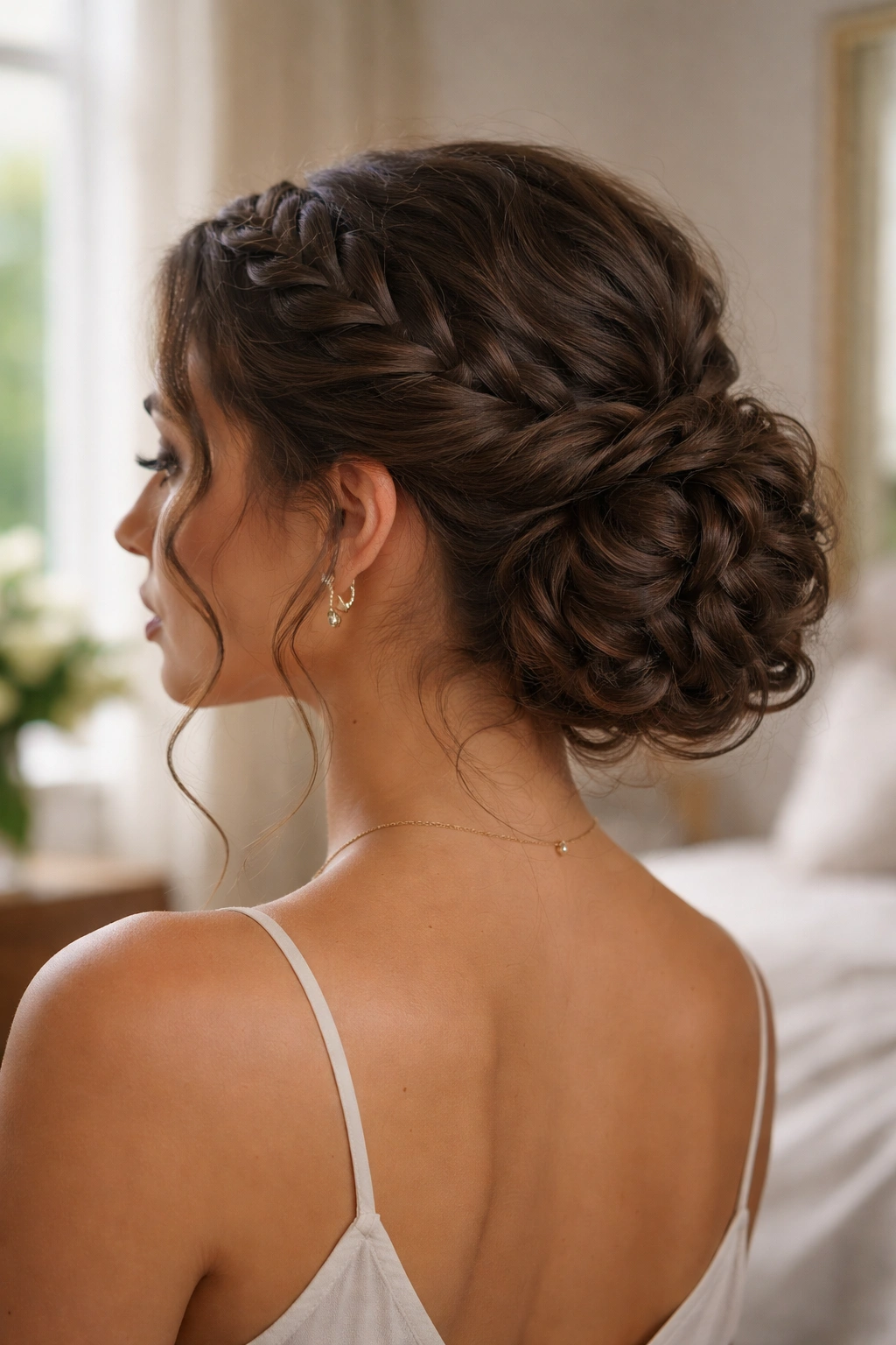 Close-up portrait of a real woman with crown twist into a low bun