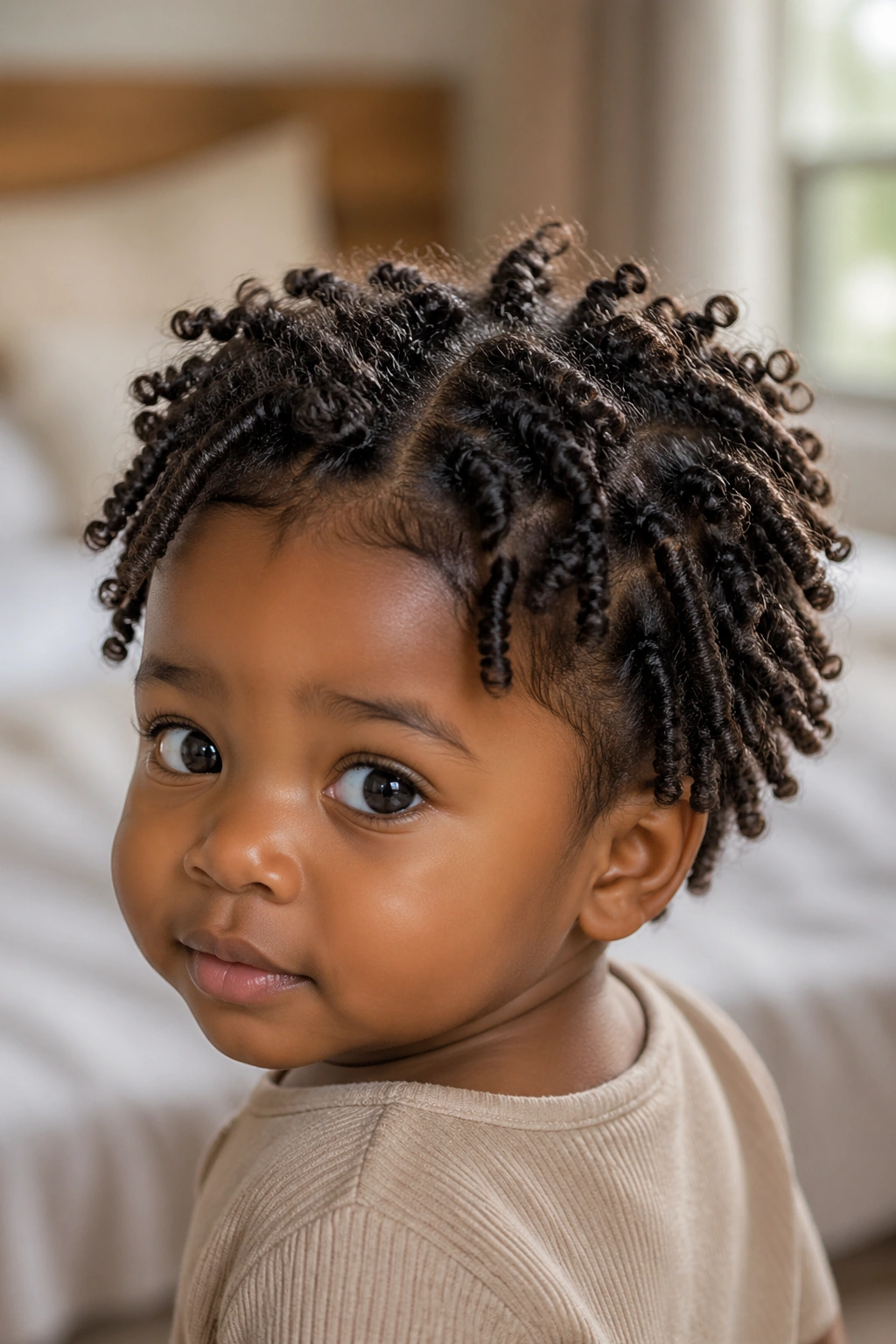Close-up of a real toddler with crown twist-out hairstyle in window light