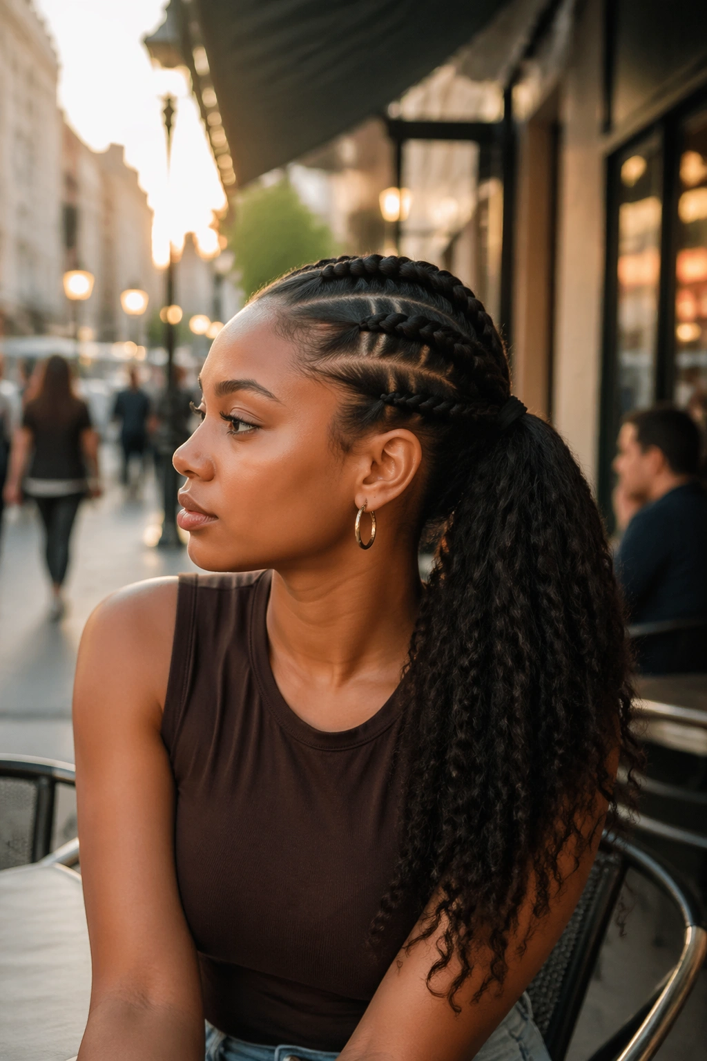 Wide shot of Crown-Twist Ponytail with halo-like twists outdoors at golden hour.