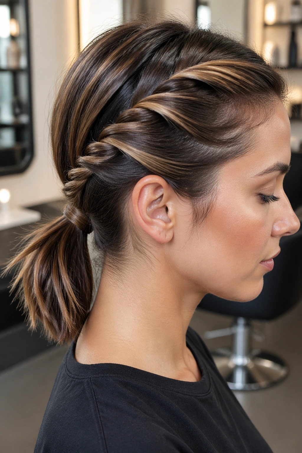 Close-up of a crown twist at the sides before a low ponytail on a real woman