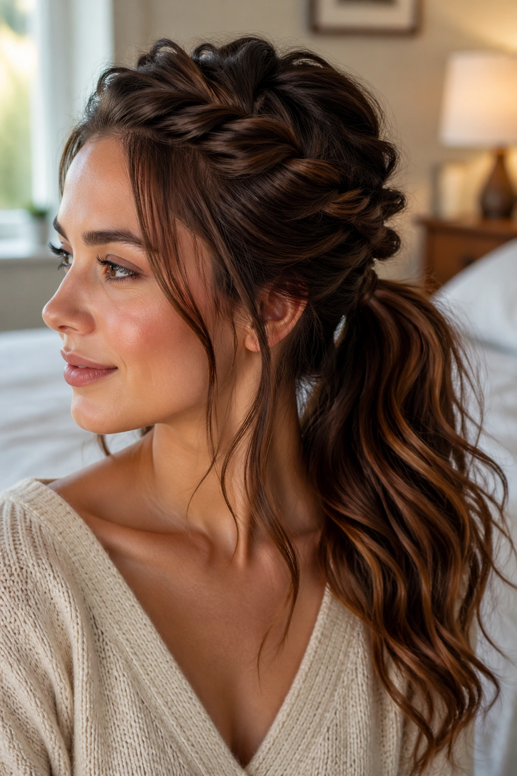Real woman with crown twist half up updo ponytail, crown twists pinned at back, relaxed ponytail silhouette