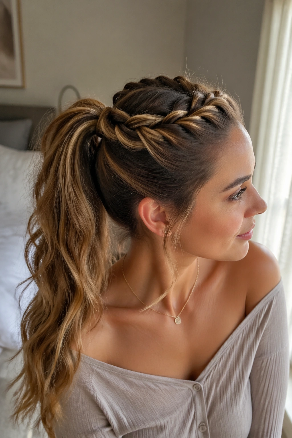 Close-up of Crown-Twist Ponytail on a real woman with front crown twists integrating into a ponytail