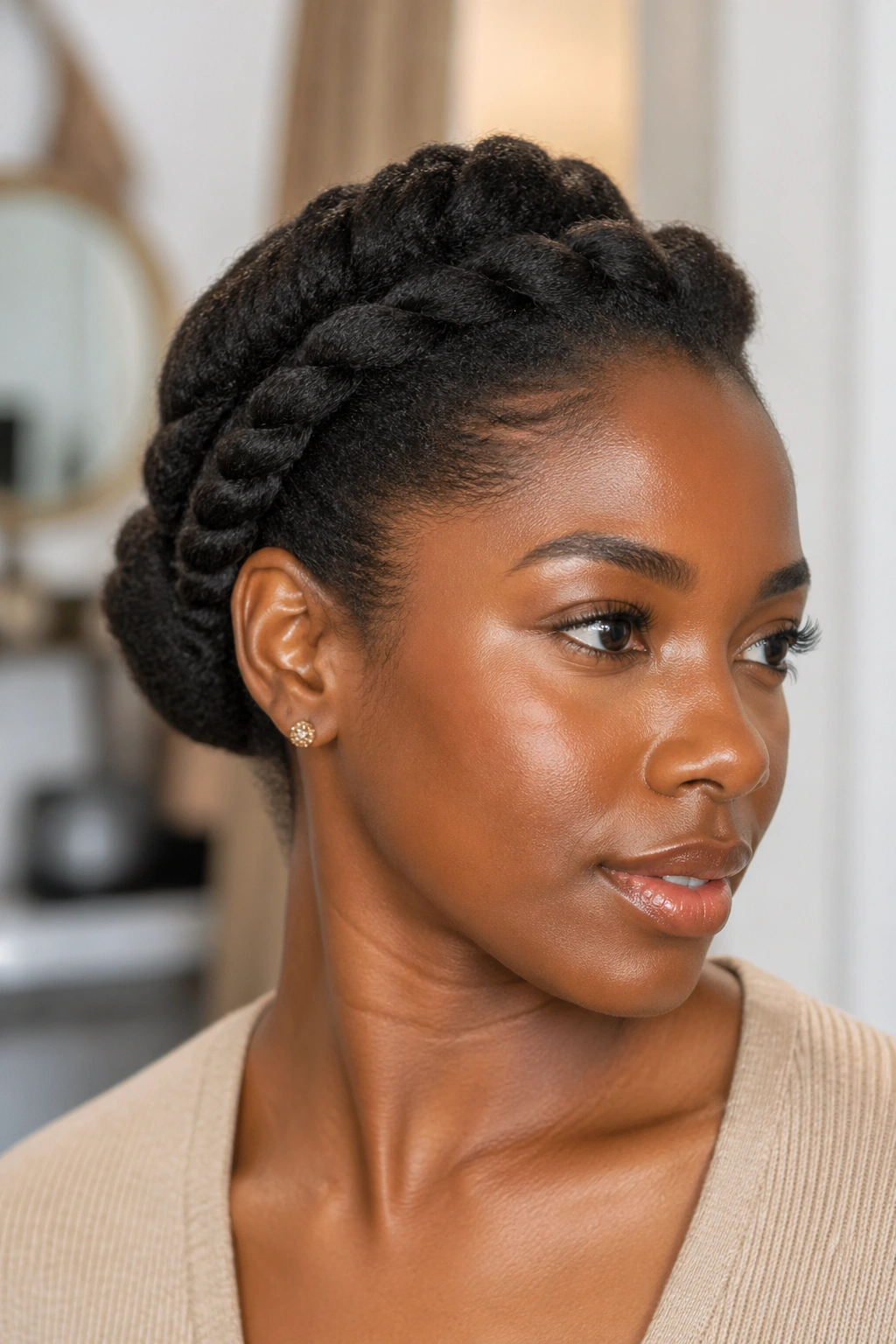 Close-up of a real woman wearing a Crown Flat Twist Updo with crown twists and tucked-back bun.