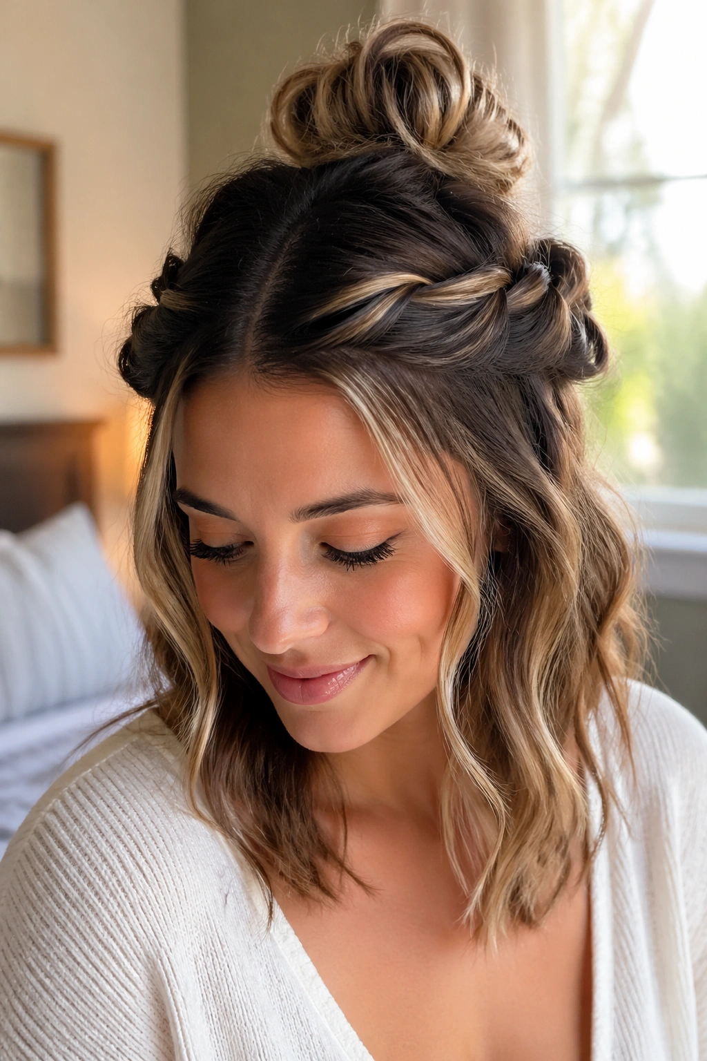 Close-up of a real woman wearing a crown twist half-up bun with shoulder-length waves