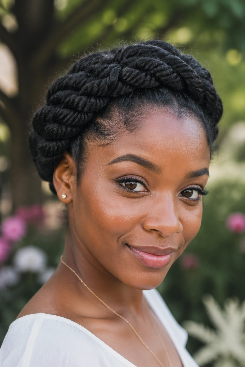 Real person with twists arranged around the crown like a tiara in a garden setting