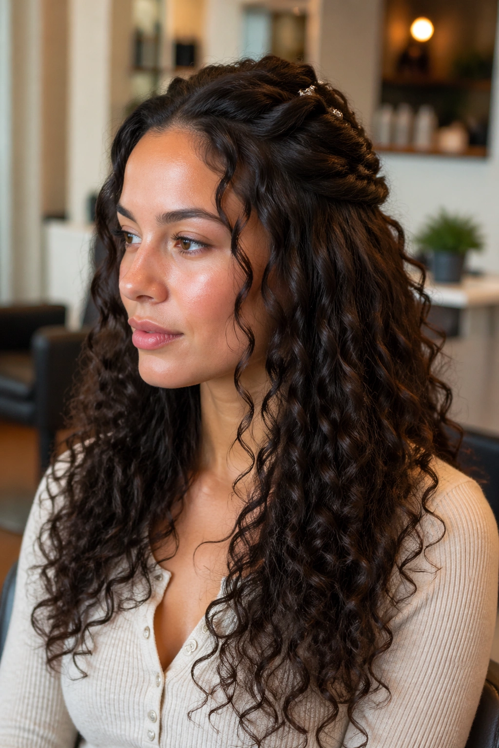 Close-up portrait of a real woman with crown twists and layered curls at the crown.