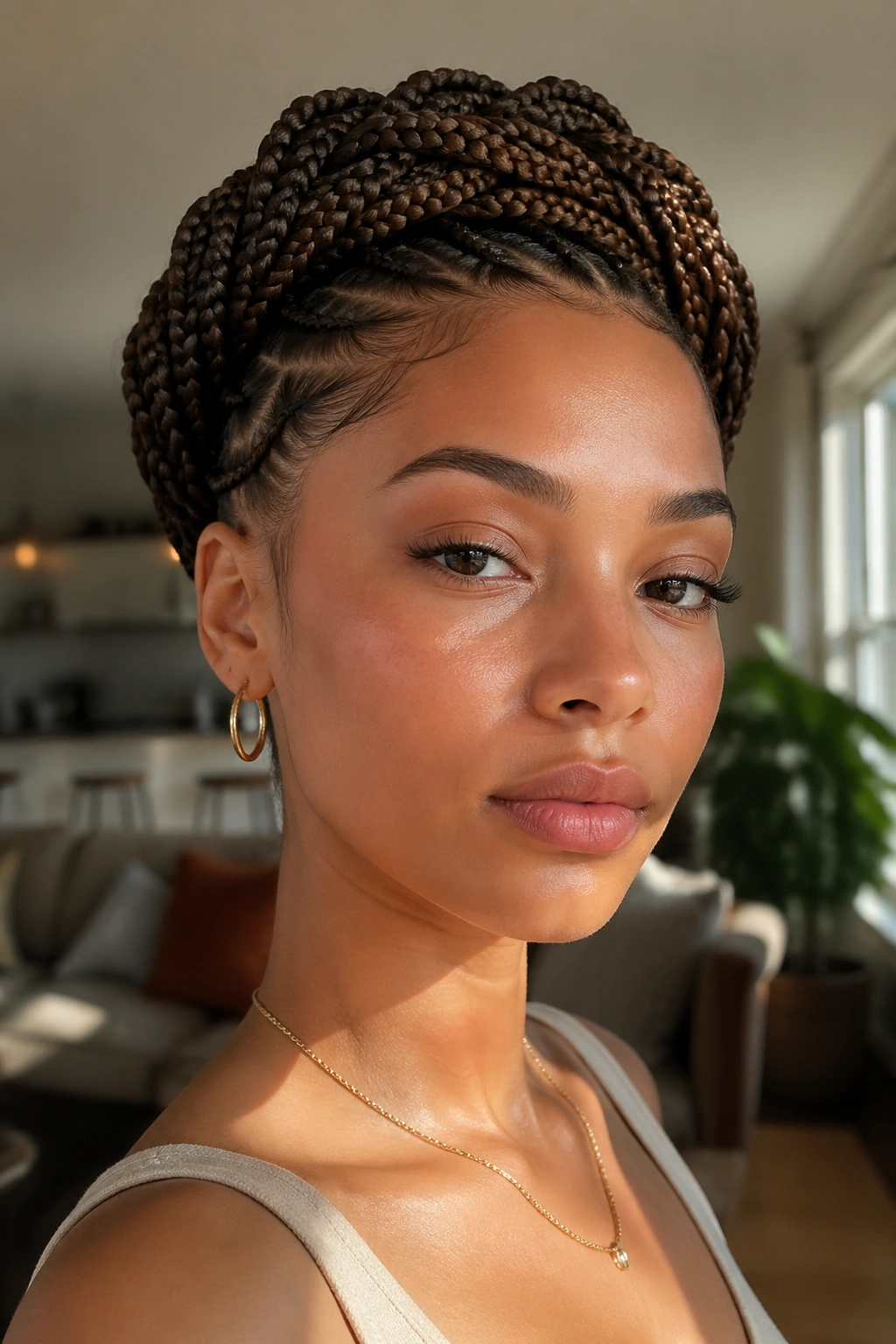 Close-up of a real woman with a crown-updo box braid hairstyle in a softly lit room.