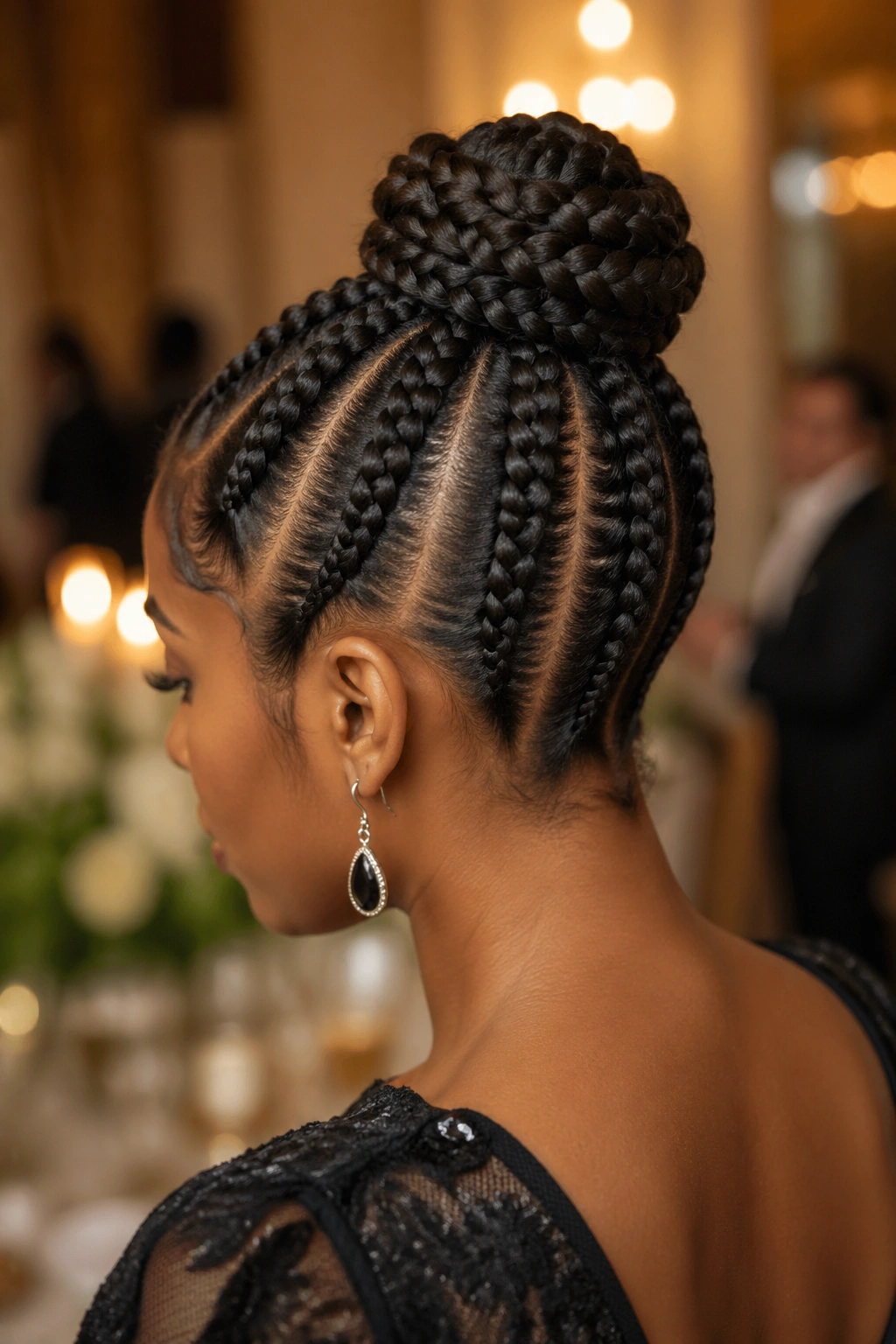 Close-up of five cornrows going upward into a crown-style updo on a real person