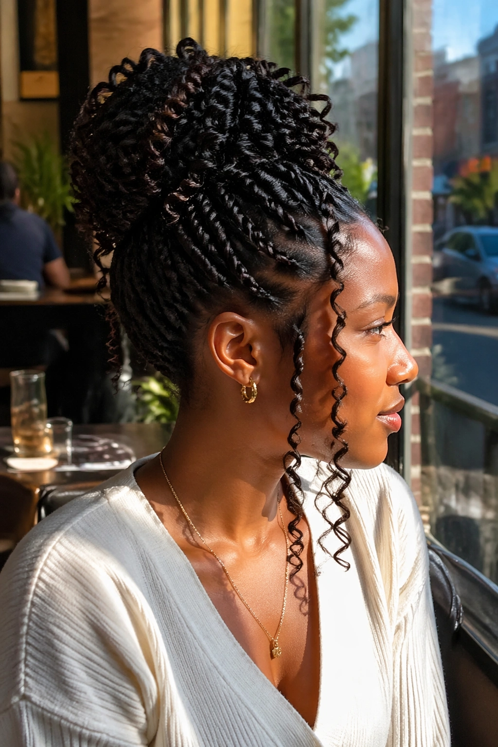 Crown updo with tendrils in cafe setting