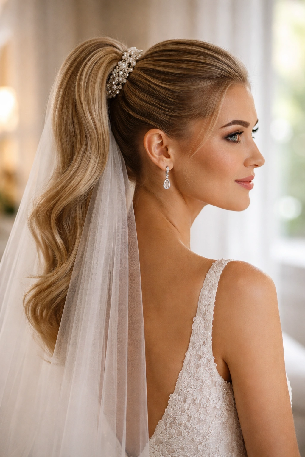 Bride with veil-friendly low-profile crown and high ponytail.