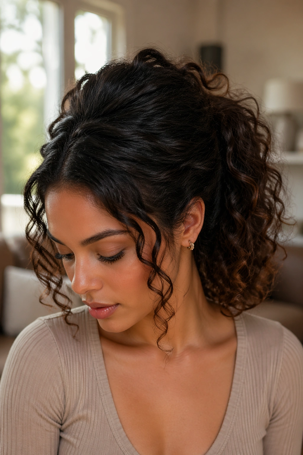 Close-up of a real woman with crown-volume ponytail and lifted crown.