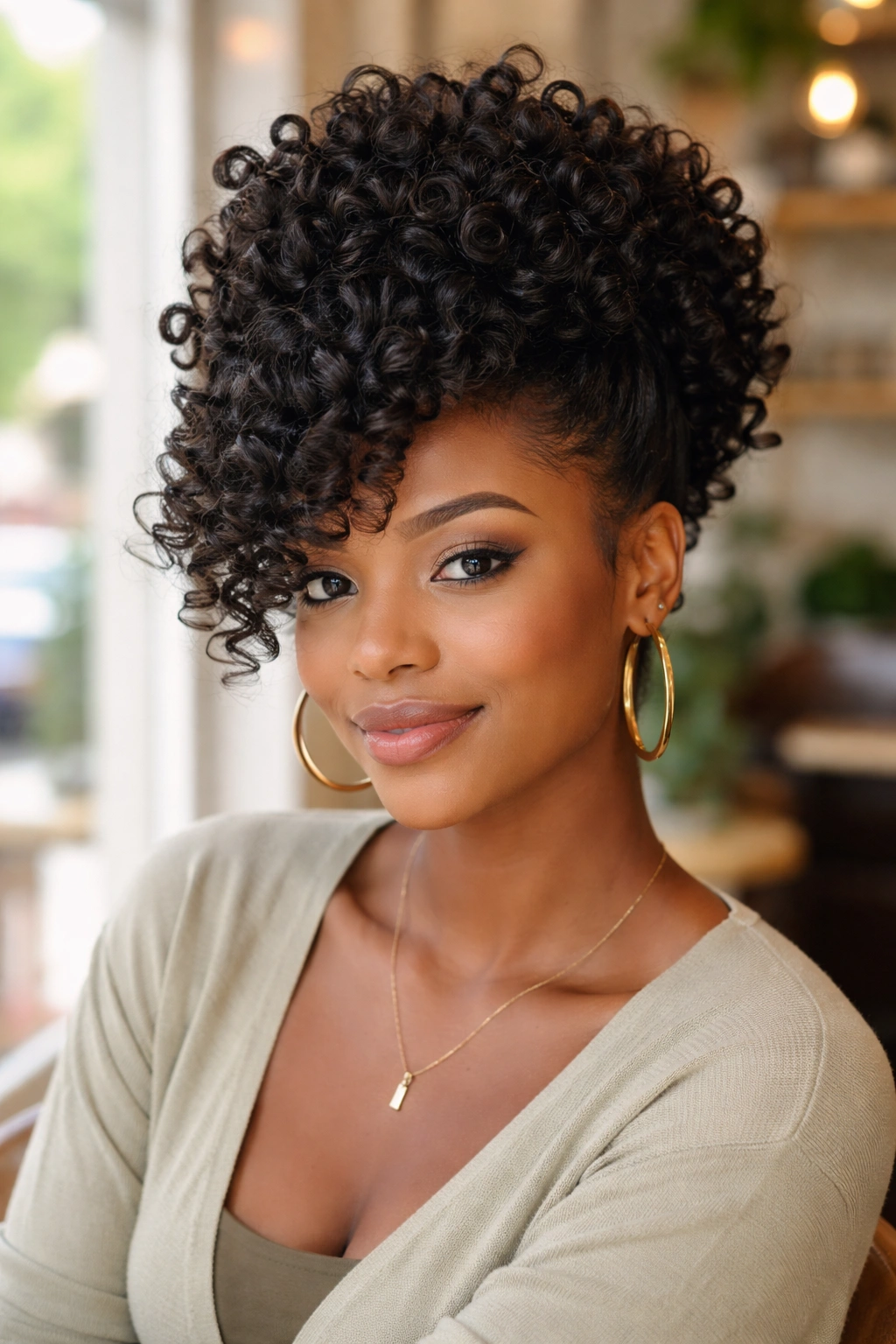 Portrait of a woman with crown-volume curls and a side-swept fringe created by flexi rods.