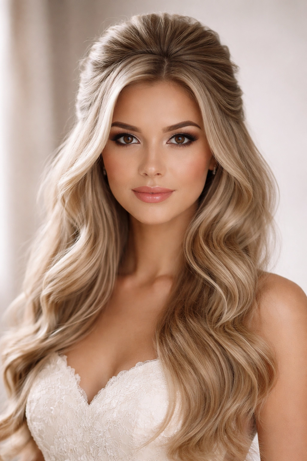 Half-up hairstyle with crown lift and smooth exterior