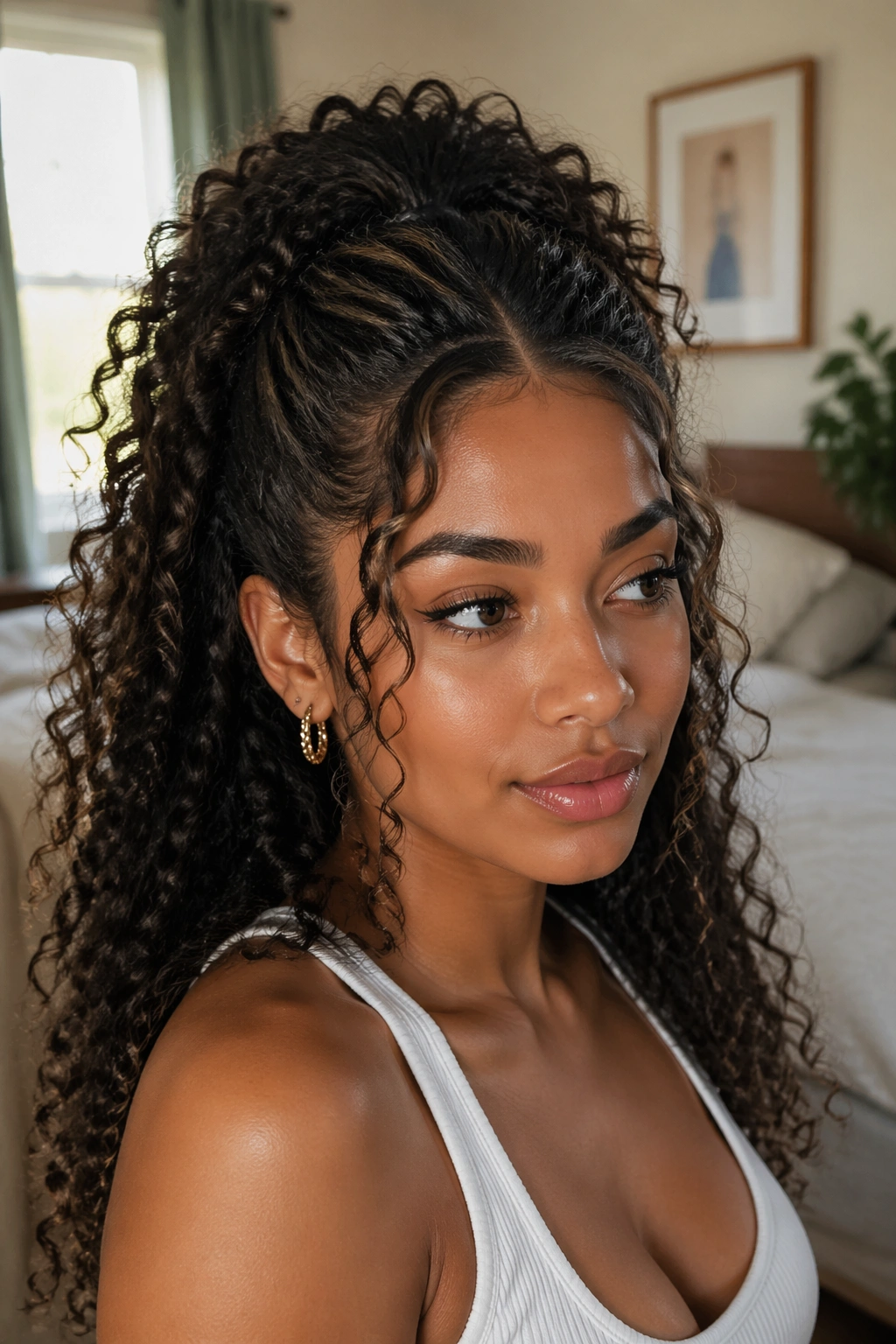 Real woman with crown-volume V-part ponytail showing lifted crown and V-part
