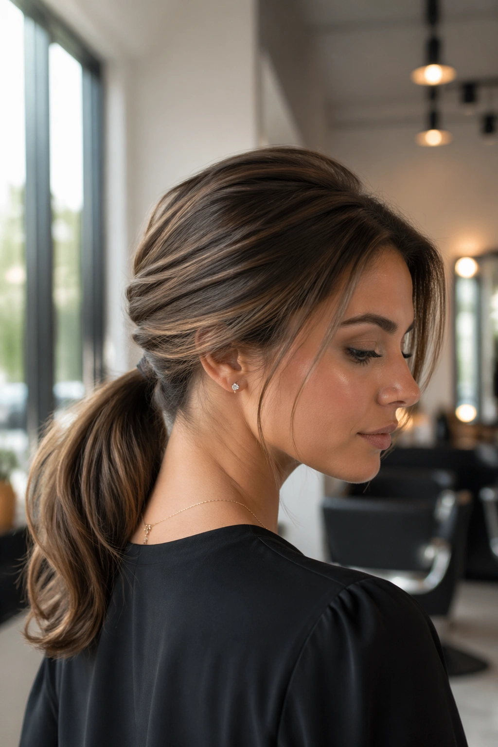 Close-up of crown-volume low ponytail on a real woman at a salon window