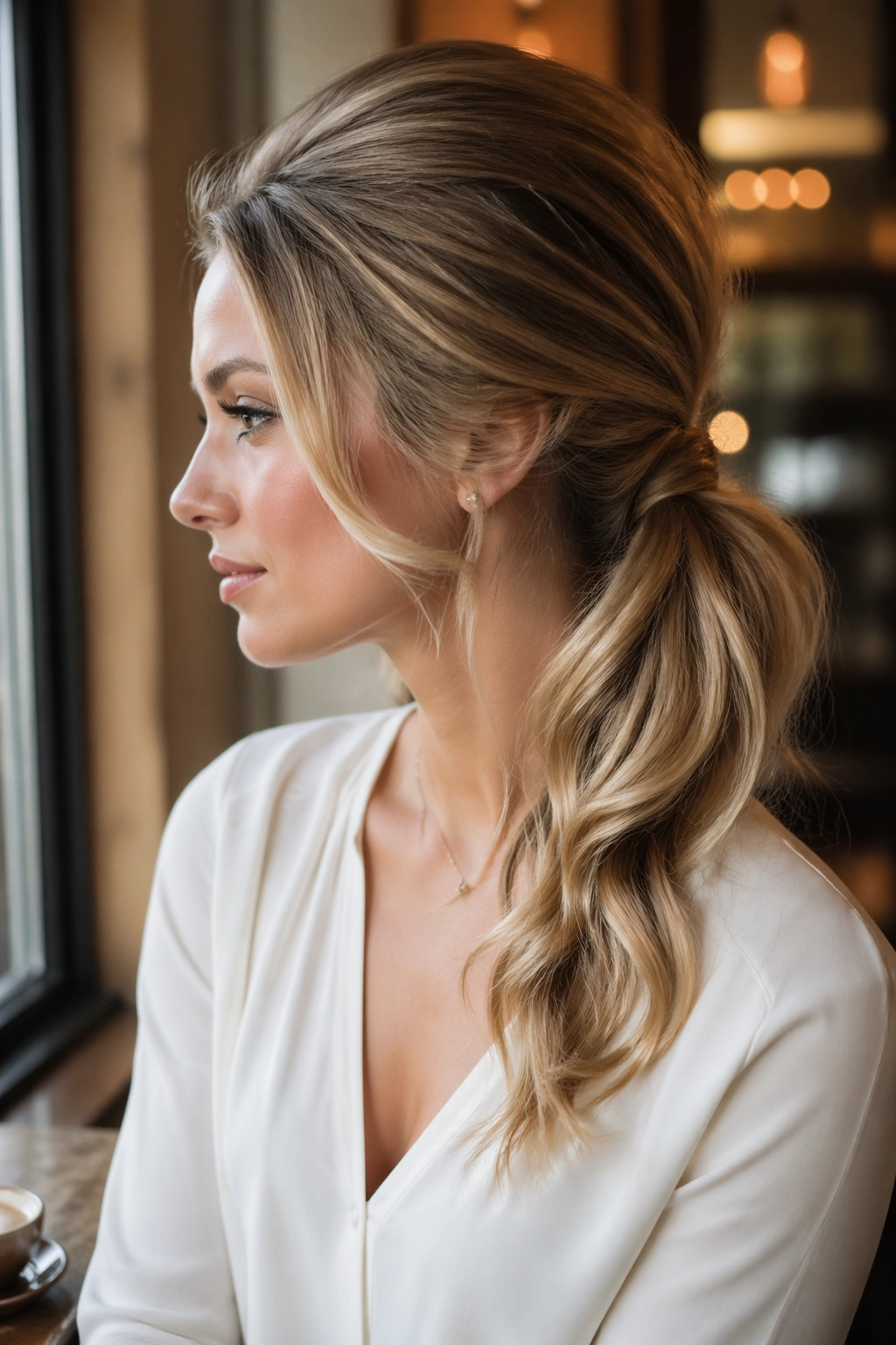 Crown-volumized ponytail side profile cafe