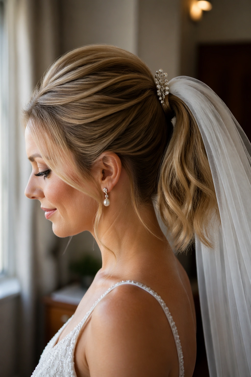 Close-up of bride with crown-volume ponytail and veil comb