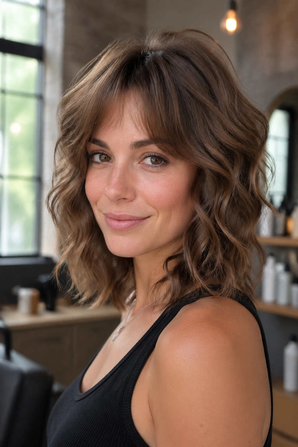 Close-up of a real woman with crown-volume shag showing lifted crown for volume