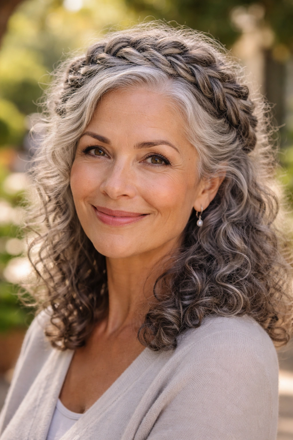 Close-up of grey crown braid on a real woman's curly hair in natural light