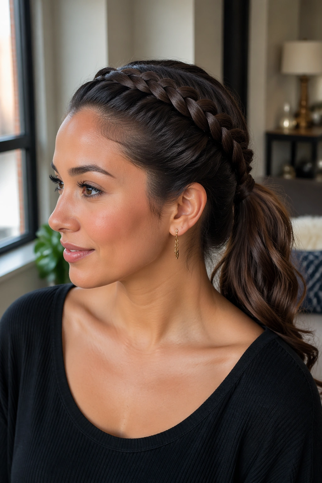 Real woman with crown braids framing the face into a mid ponytail
