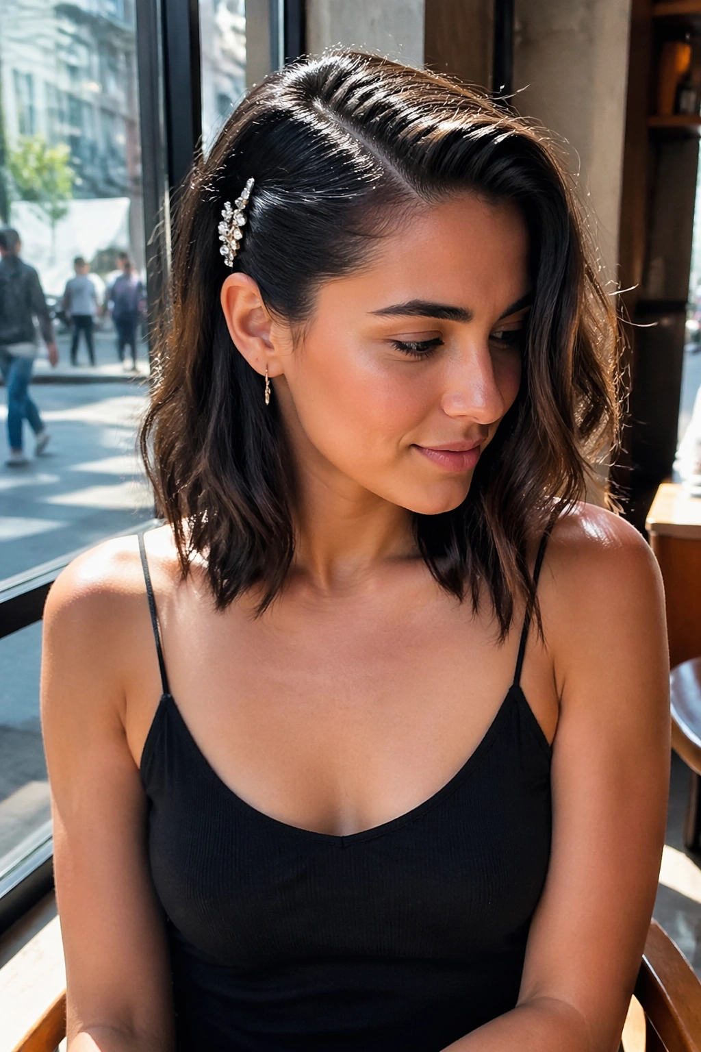 Shoulder-length hair with deep part and crystal clip in cafe setting.