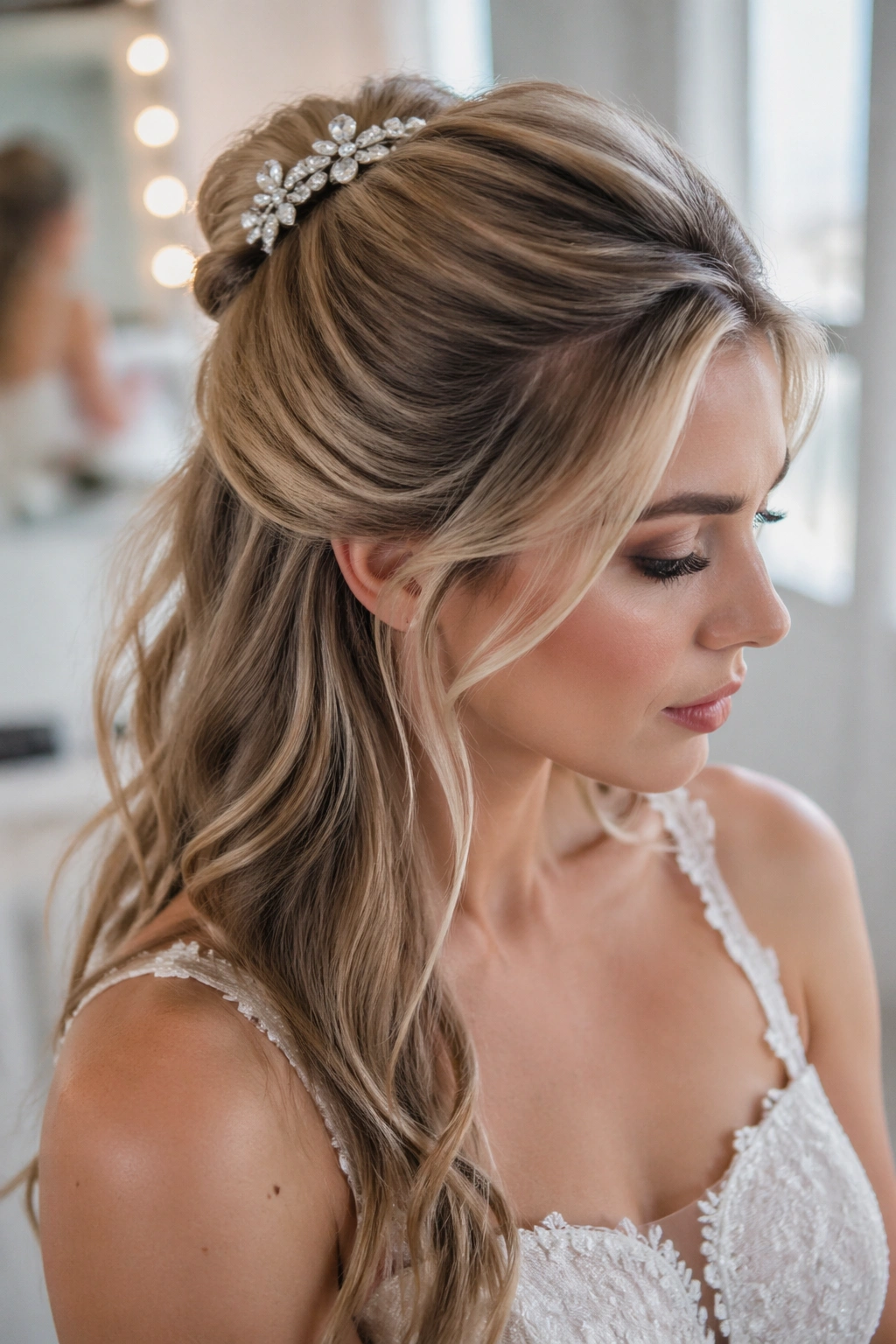 Close-up of a real bride with a crystal clip half-up hairstyle