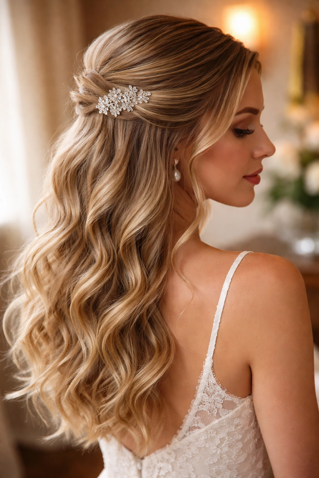 Close-up of crystal comb half-up hairstyle on a real woman