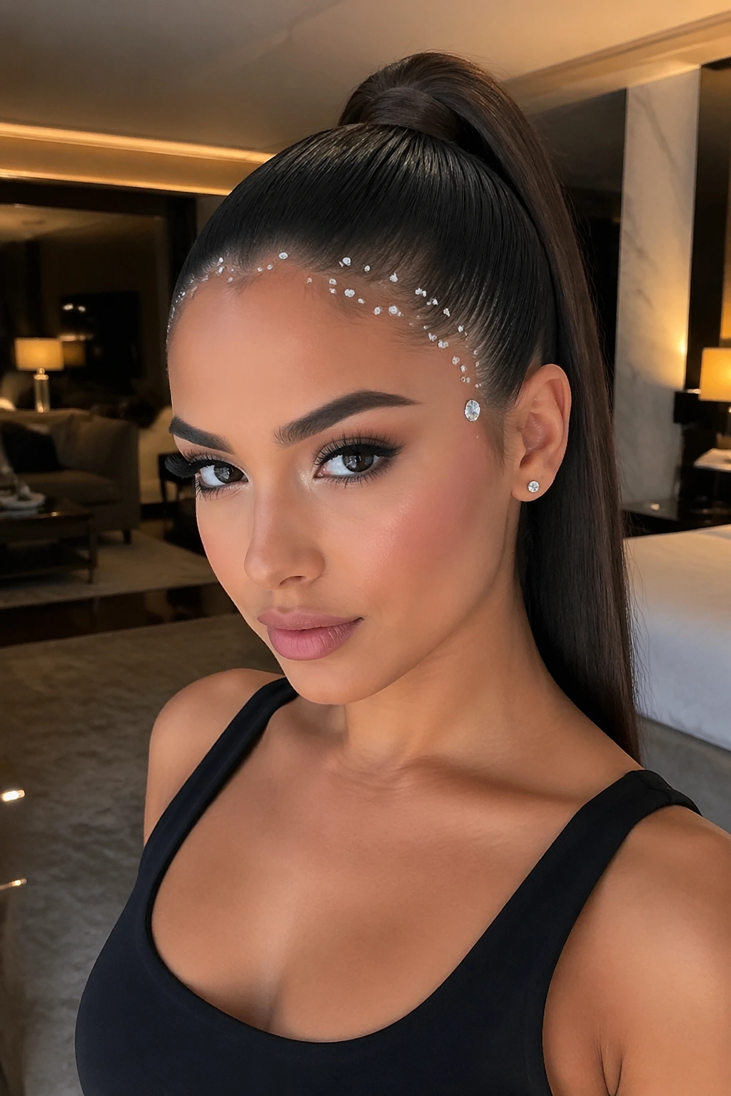 Close-up of a real woman with a high sleek ponytail and crystal hairline along the front.