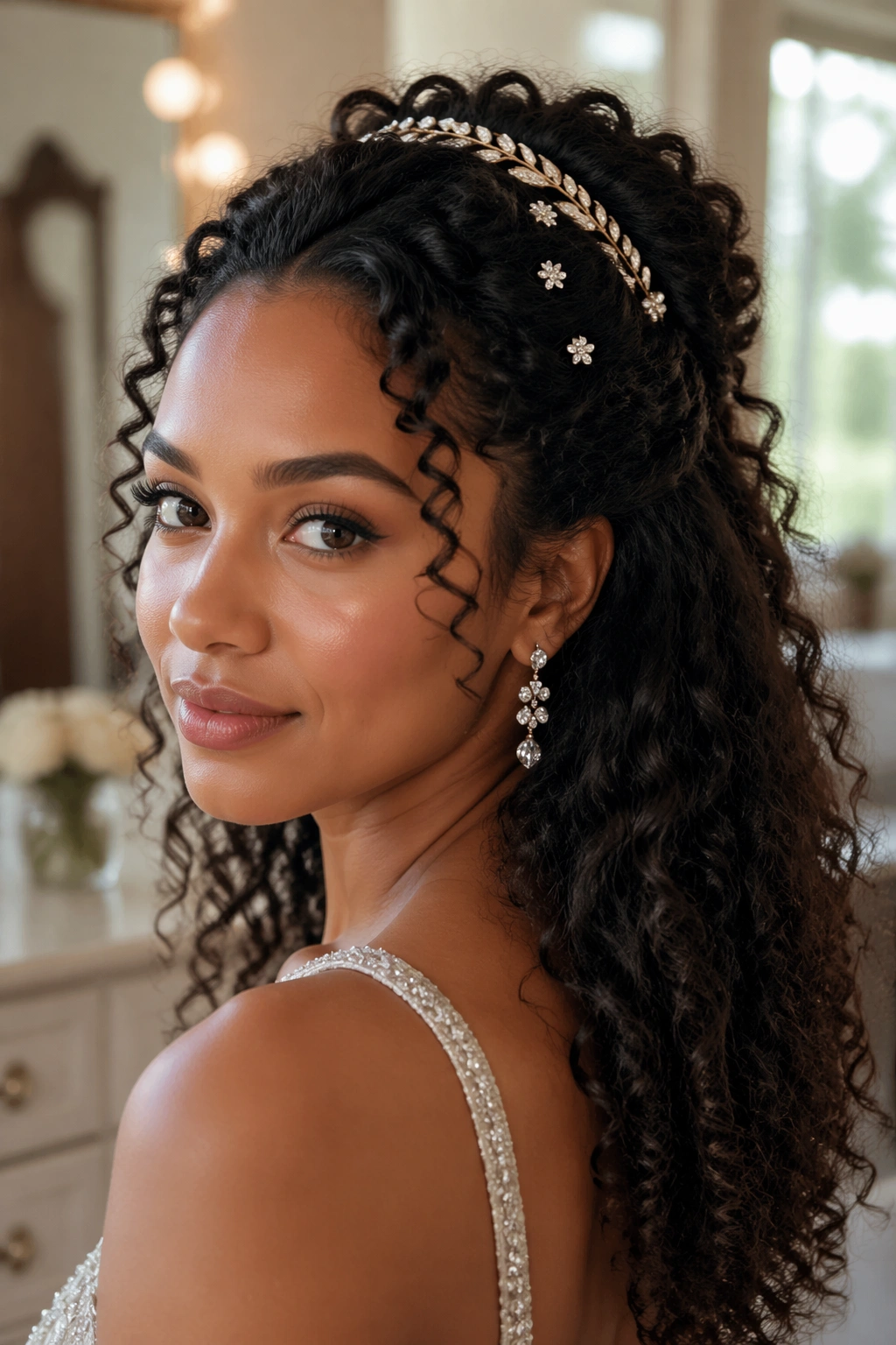 Real woman wearing crystal pins and a metallic headband in her half-up hairstyle.