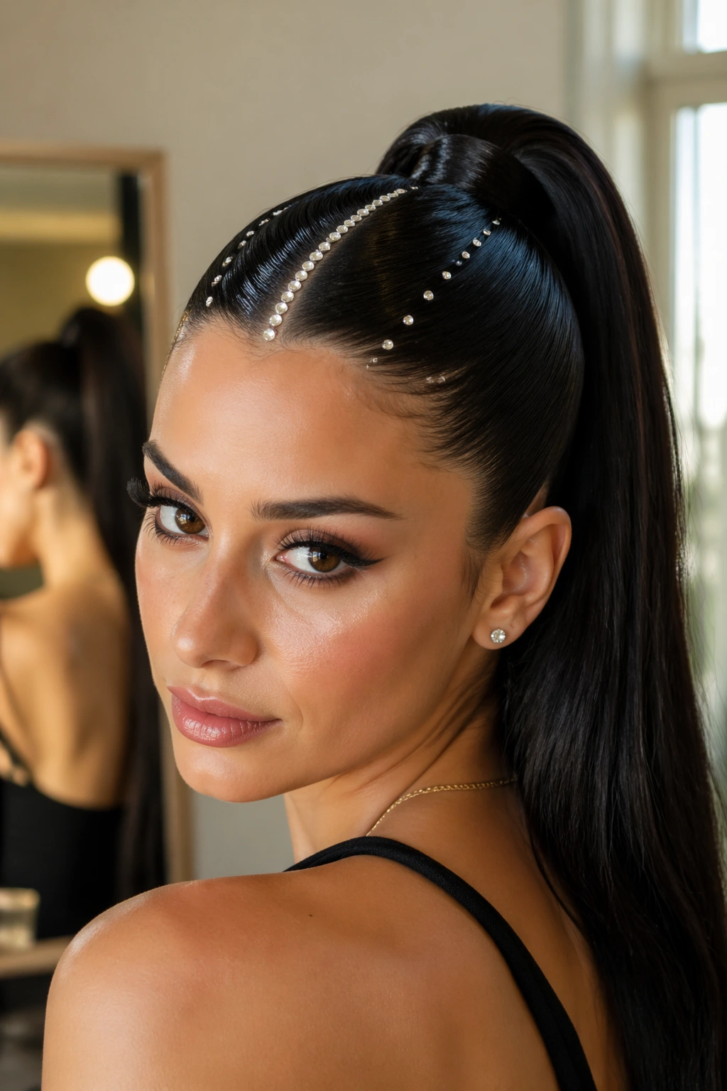 Close-up of real woman with sleek high ponytail and crystal part, crystals along the part catching light.