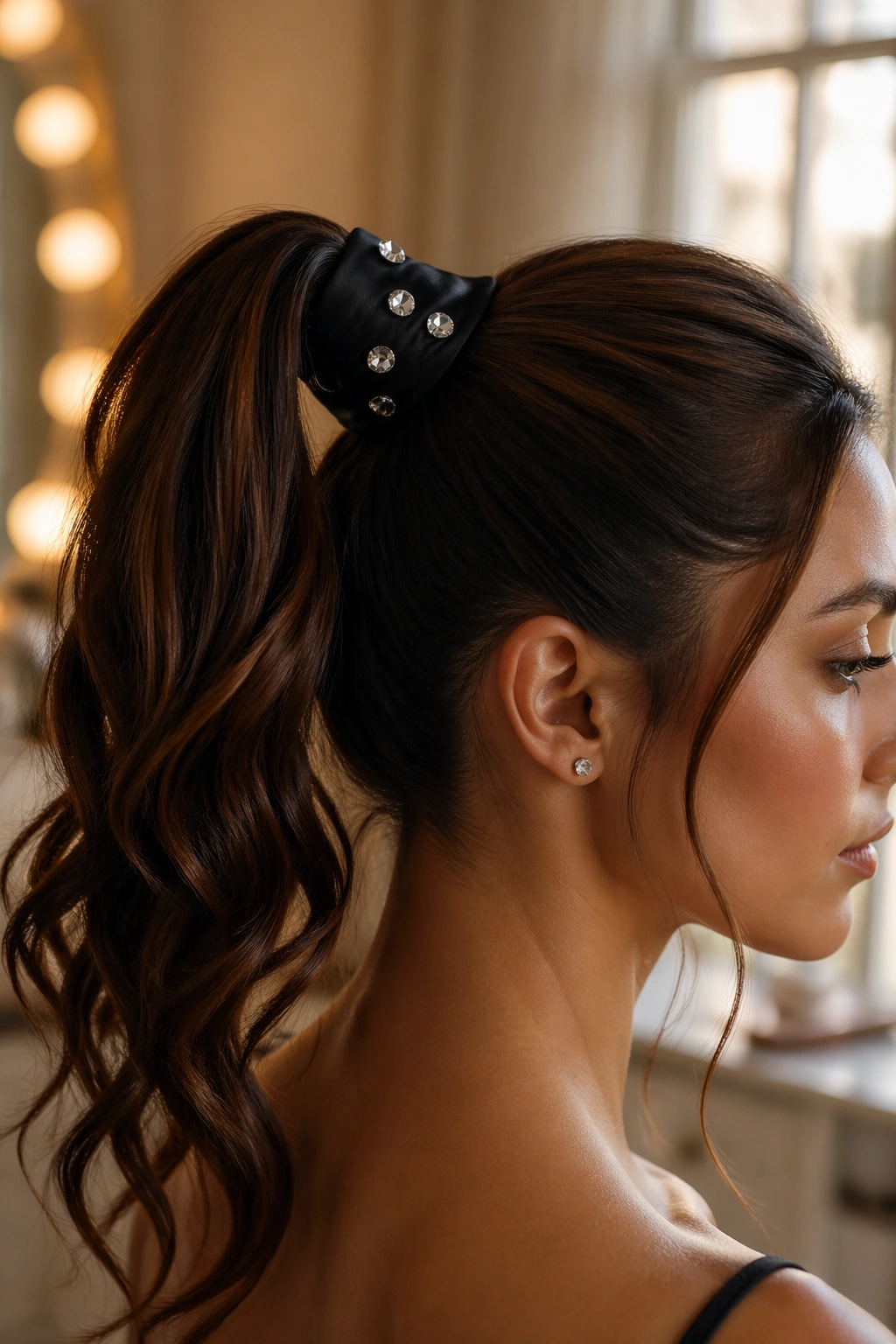 Close-up of ribbon-wrapped ponytail with crystal studs on a real woman in a dressing room.
