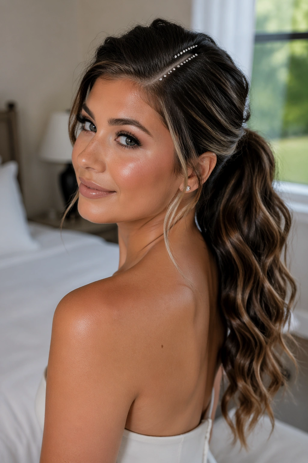 Medium close-up of wavy ponytail with crystal side part on a real woman.