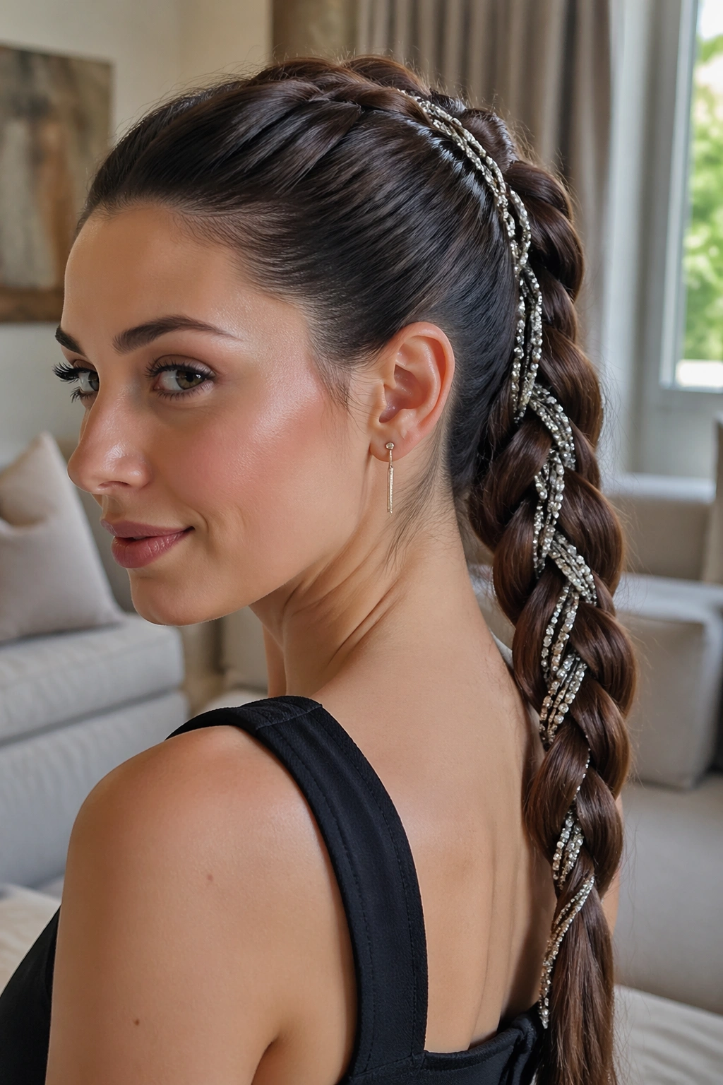 Close-up of Braided Ponytail With Crystal Strands on a real woman