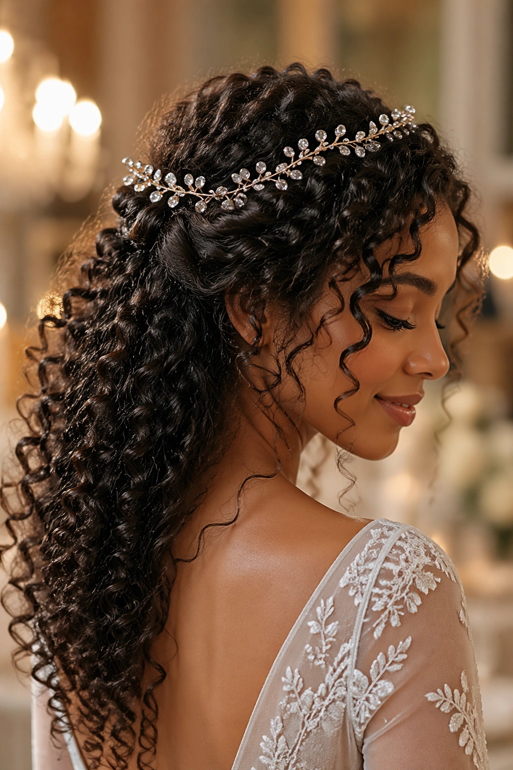 Close-up of a real bride with a crystal vine wrapped around the crown