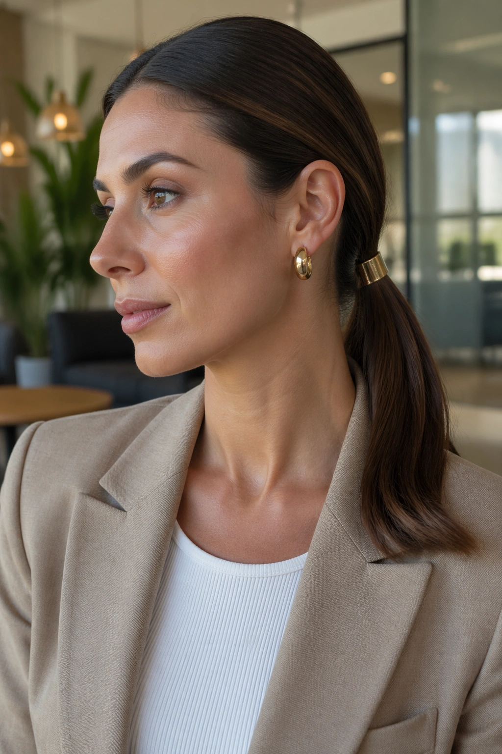 Close-up of a real woman with a slim metallic cuff on a low ponytail