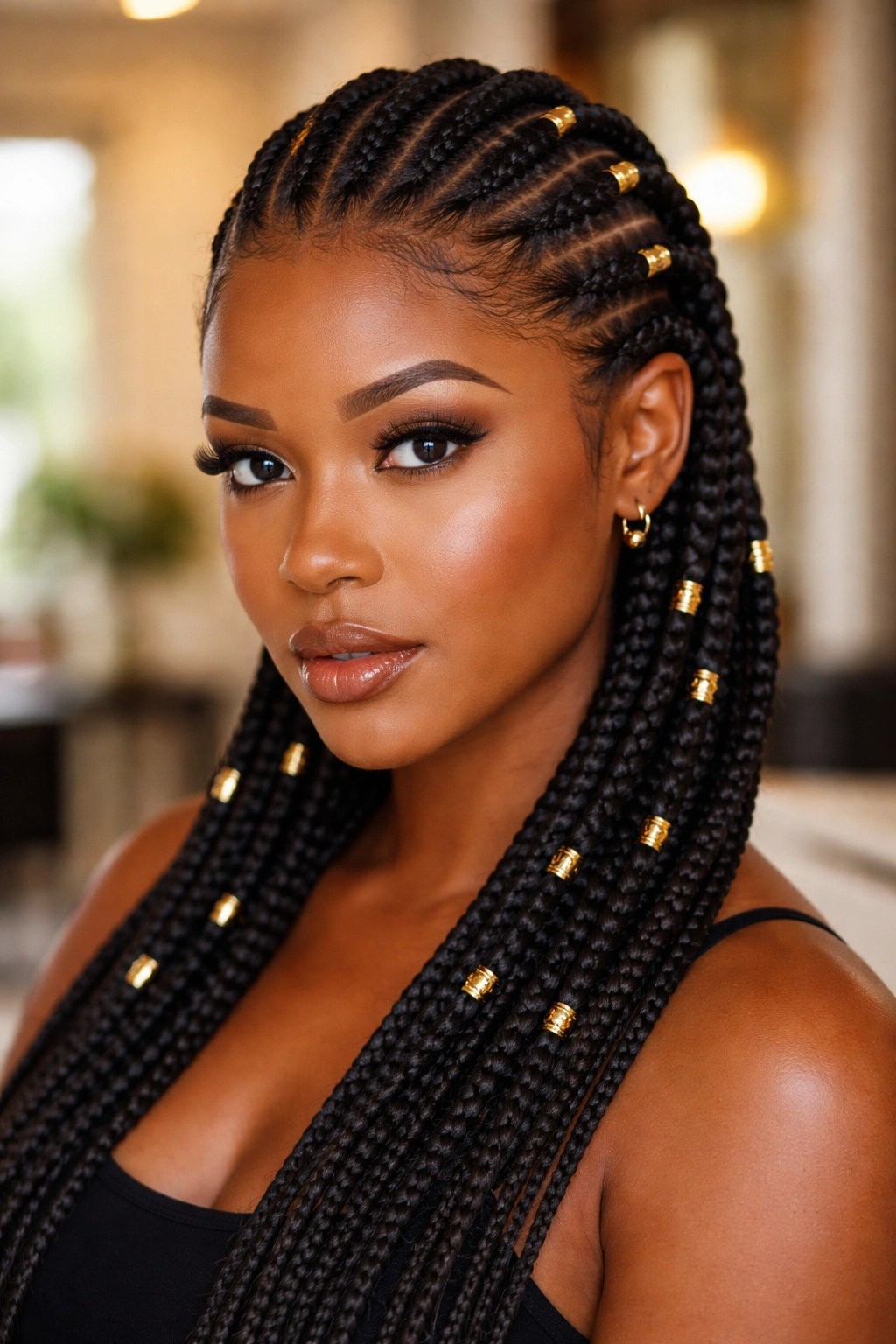 Real woman wearing cuff-accented all-back cornrows