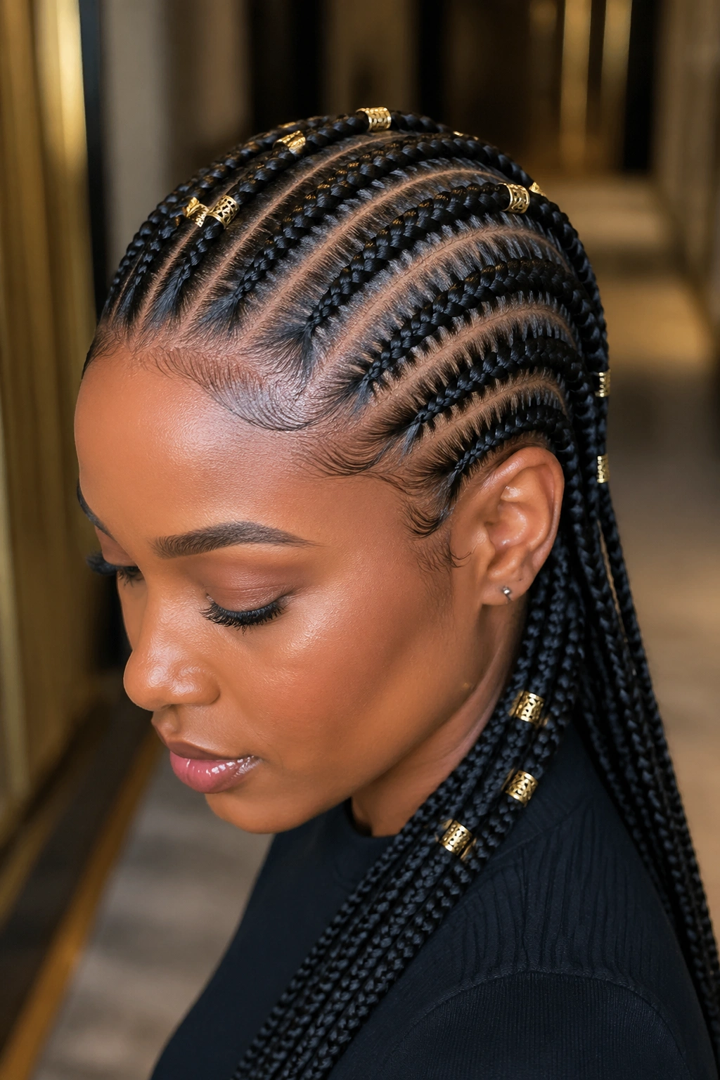 Real woman with straight-back cornrows adorned with metal cuff accents.