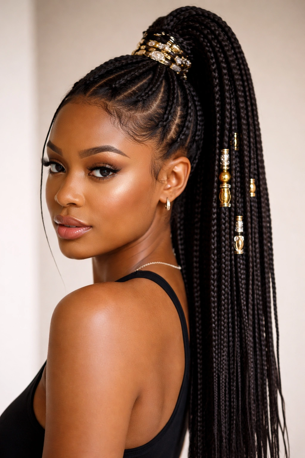 Knotless ponytail with metallic cuffs on selected braids near the base wrap