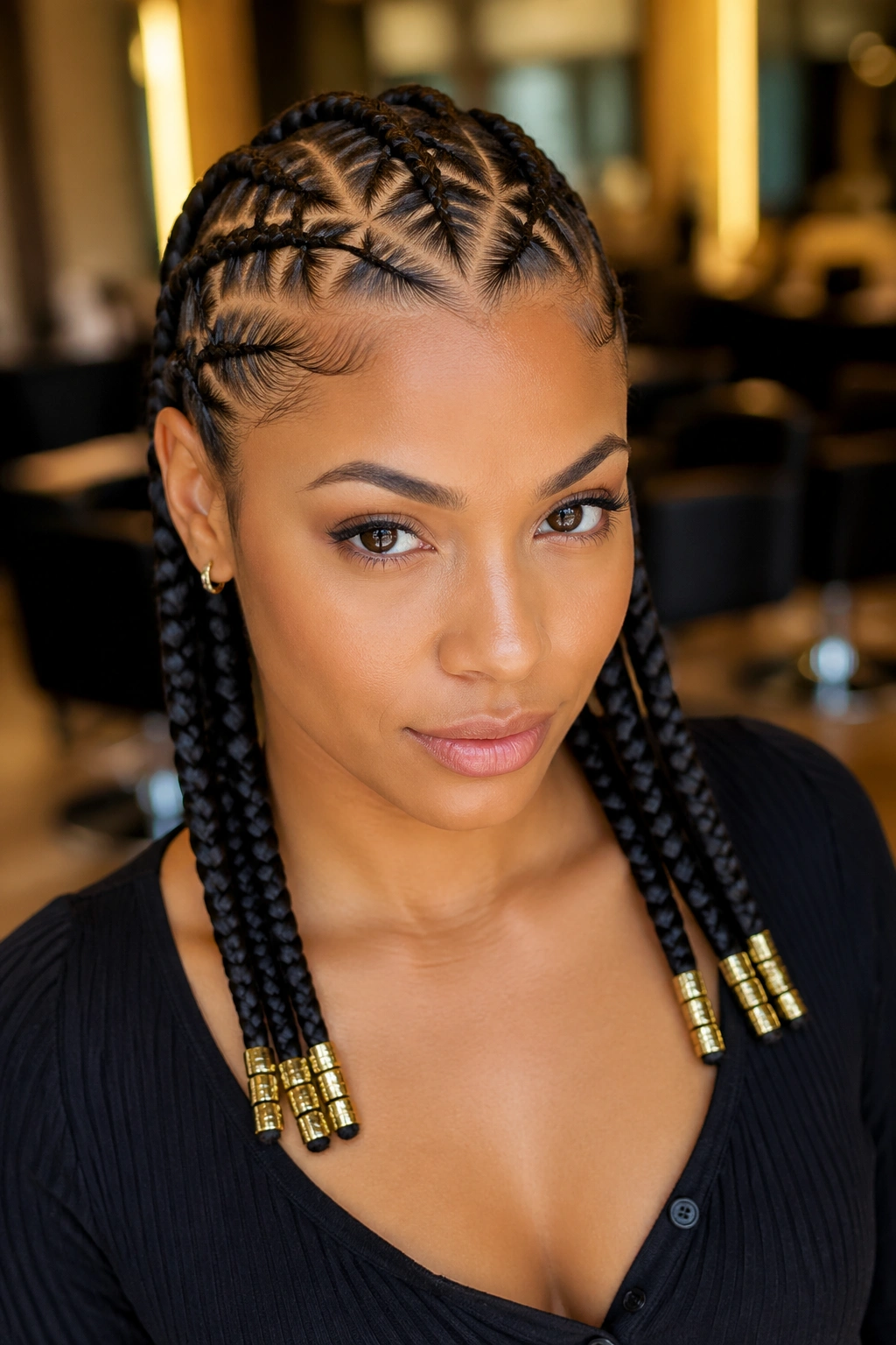 Close-up of a real woman with cuffed braid ends and gold cuffs on each cornrow.