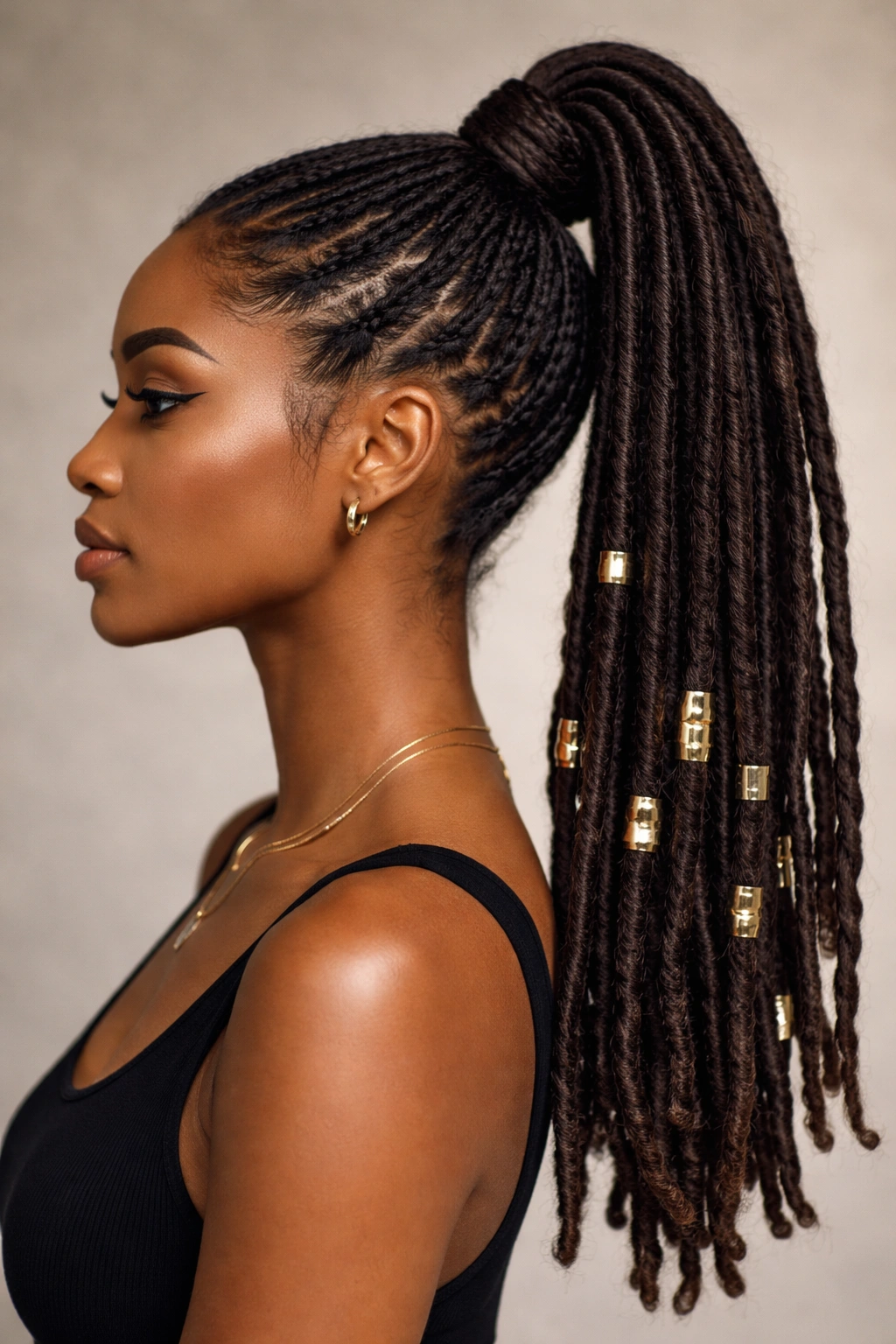 High ponytail with metallic cuffs on some locs near the tail