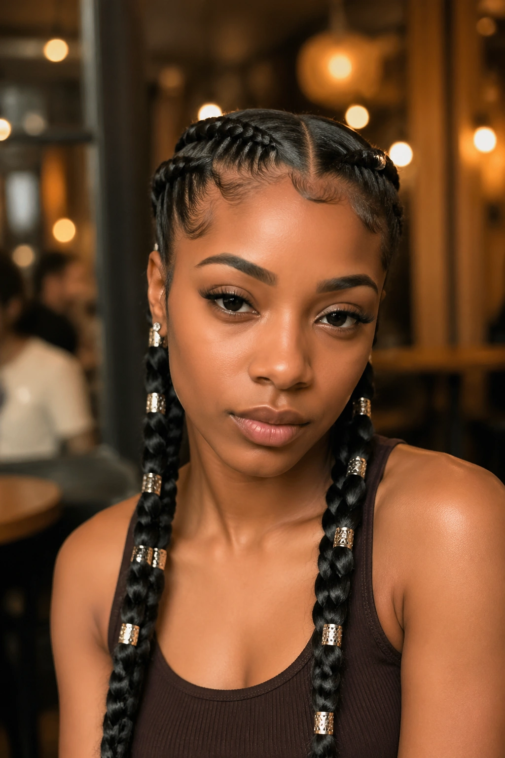 Cuffed metallic twin braids on a real person