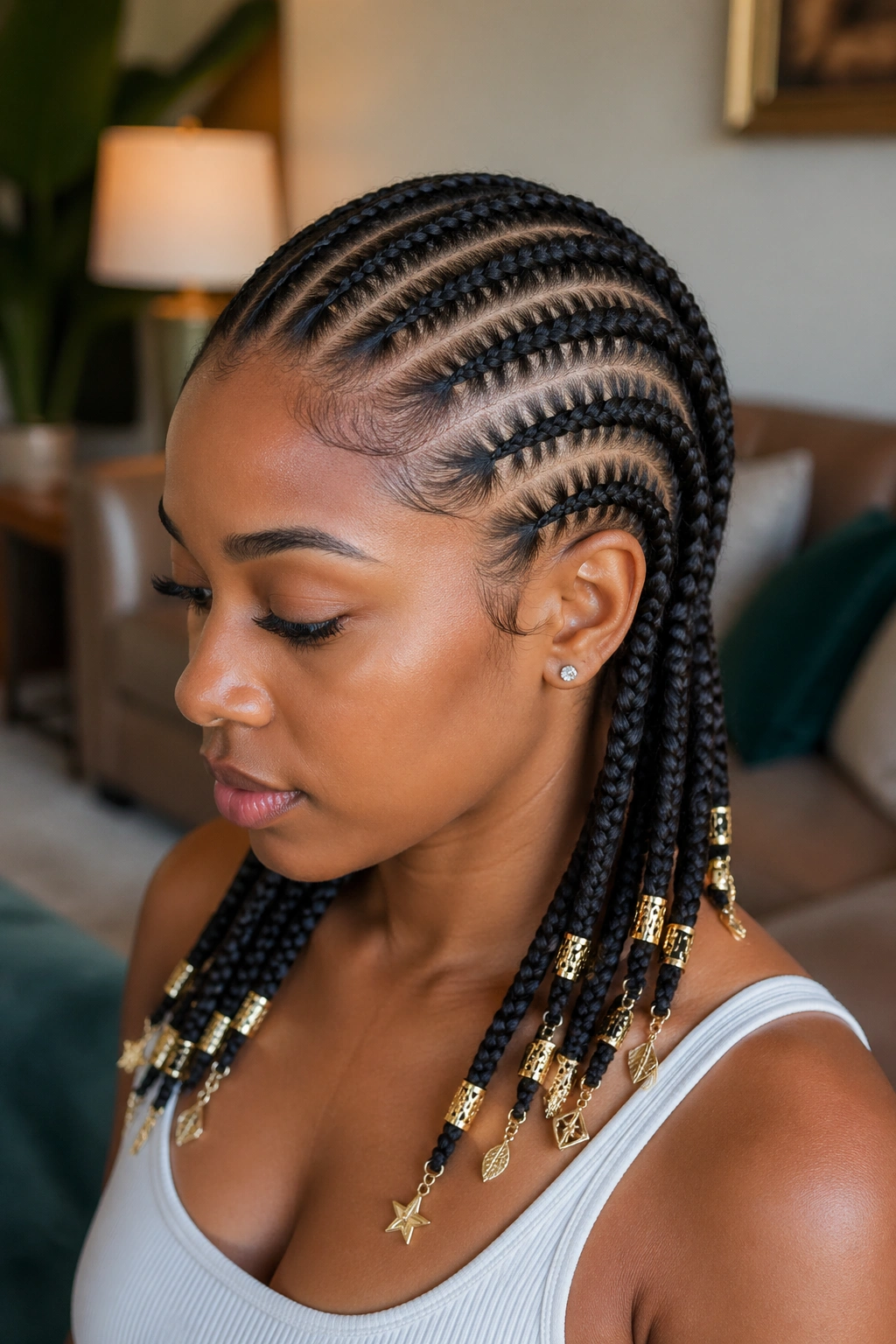 Close-up of stitch cornrows with metal cuffs and charms on a real person's head