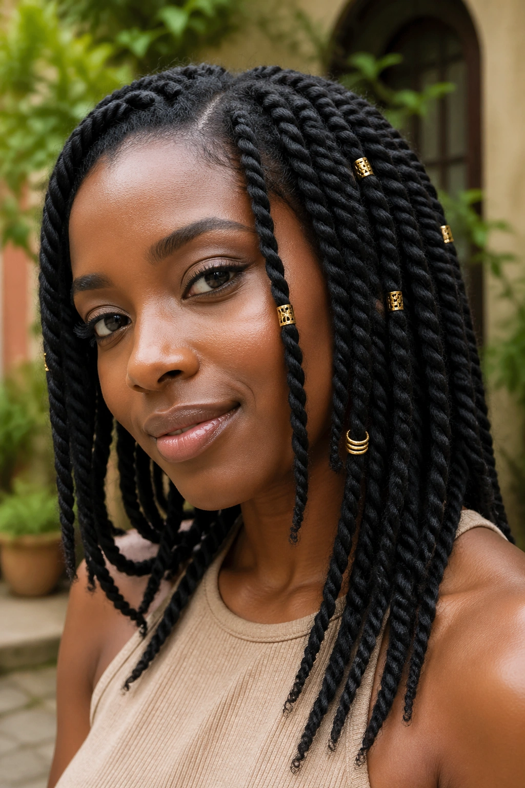 Real person with twists adorned with gold and silver cuffs outdoors