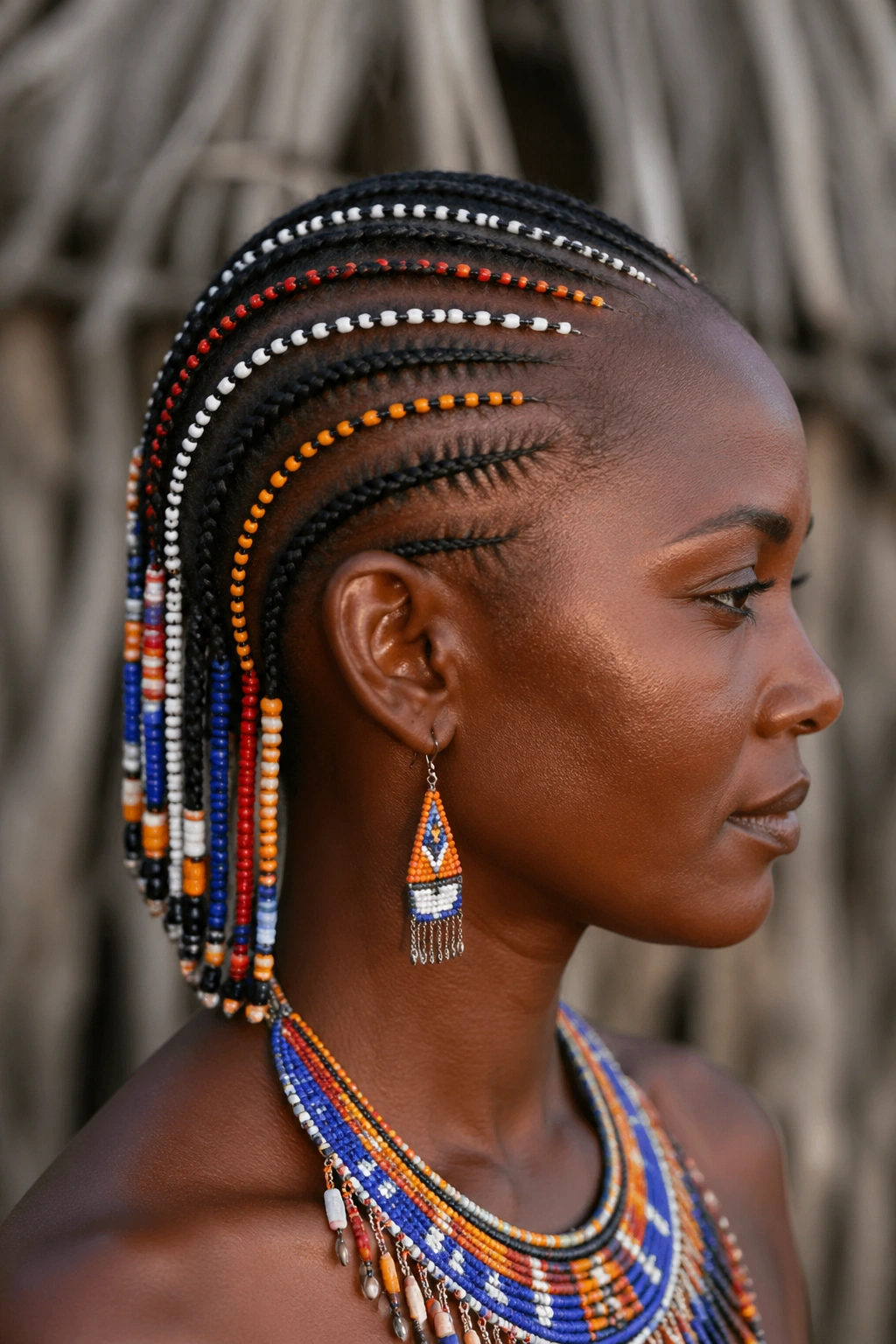 Close-up of beaded hair in a cultural pattern on a real person