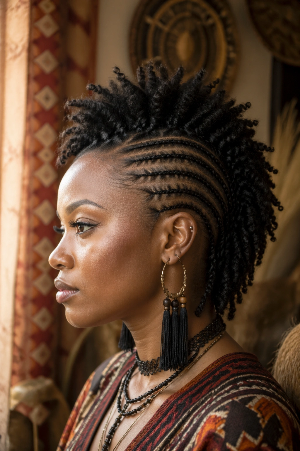 Portrait of a Black woman wearing a cornrow mohawk against a culturally rich backdrop